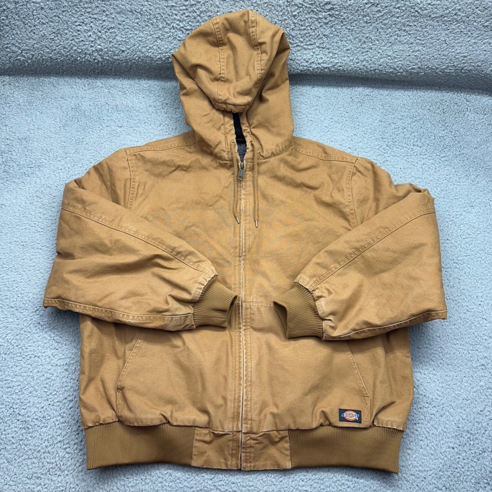 Dickies Mens XL Brown Ridgid Duck Canvas Quilted Lining Hooded Work Jacket 20697